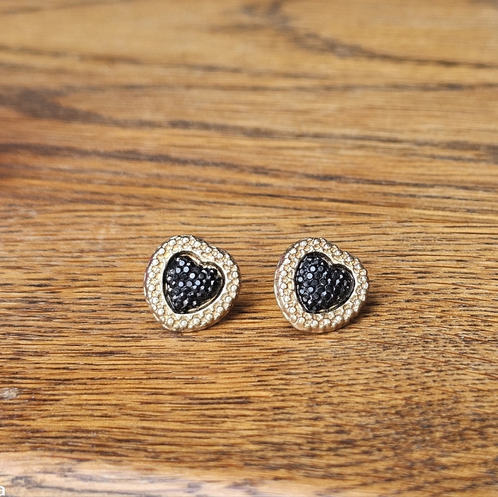 Heart Shaped Gold and Black Stud Earrings ~ NWOT